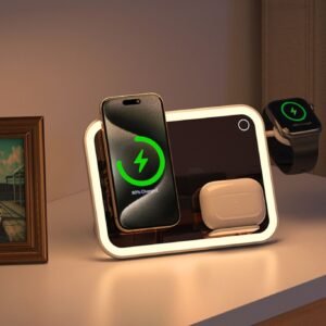 LUMIFLEX 4-in-1 LED Makeup Mirror Wireless Charger with RGB Night Light & Desk Lamp